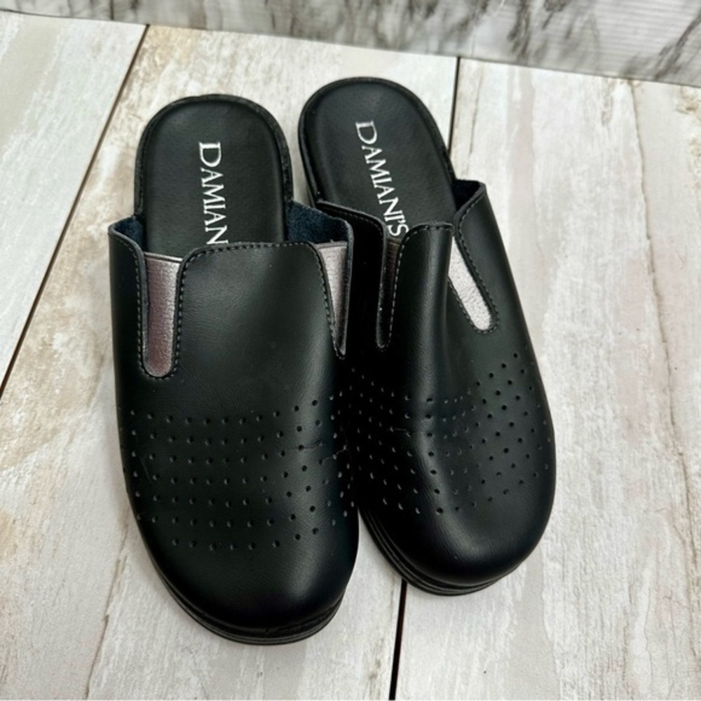 Damiani's Black Leather Upper Slip-On Mules Shoes Silver Stretch Accents Comfy